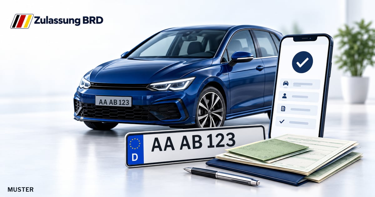 Online Fahrzeugzulassung in Schwäbisch Gmünd: Musterkennzeichen AA AB 123, Auto und Fahrzeugpapiere und Smartphone. Illustration mit Logo von Zulassung BRD.